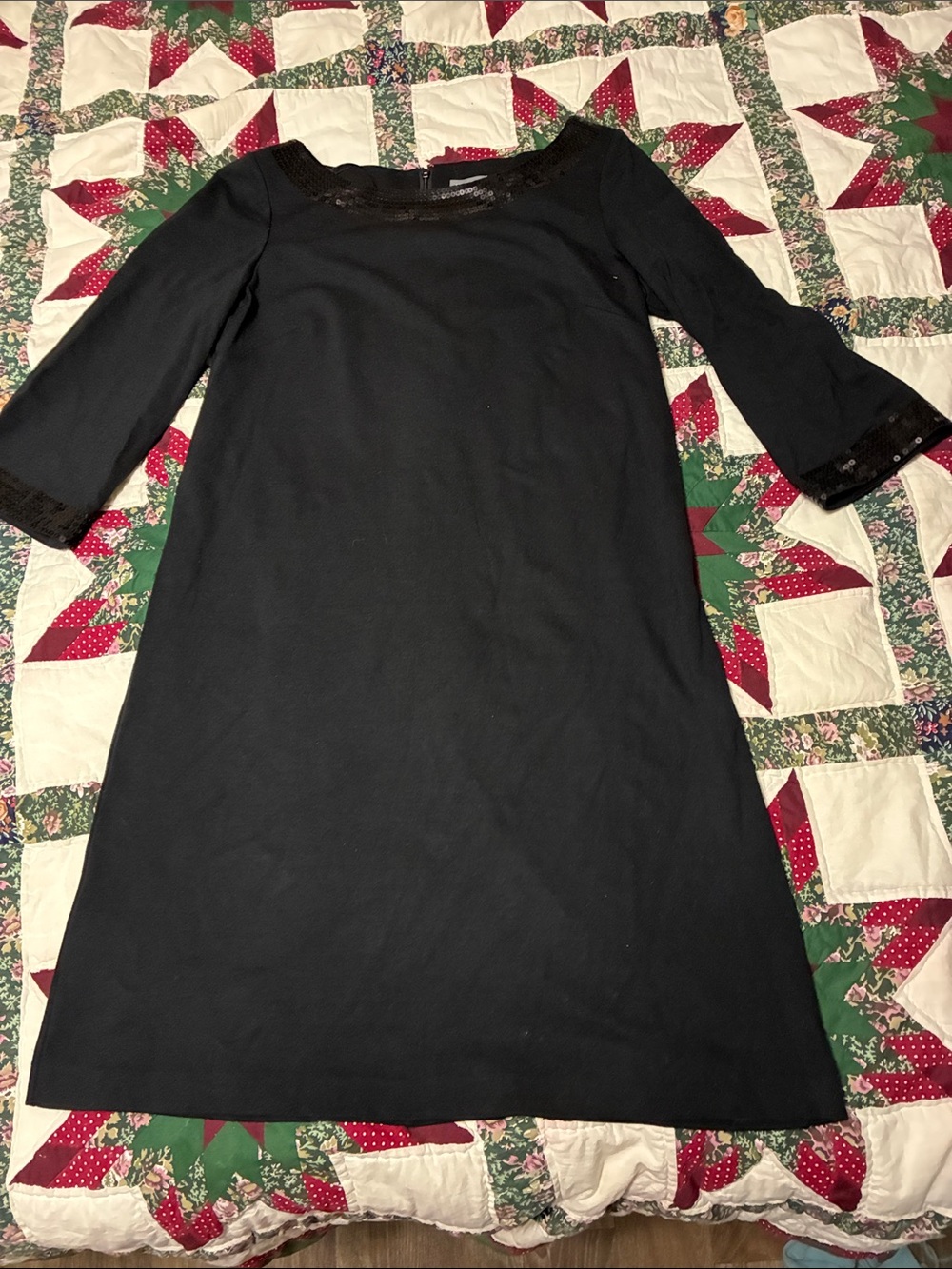 Ann Taylor Black Long-Sleeve Shift Dress with Sequin Trim